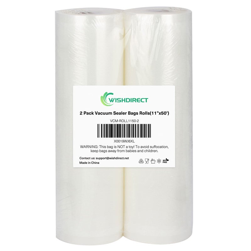 WishDirect Vacuum Sealer Bags Rolls 2-Pack 11"X50' Commercial Grade BPA Free Double Sides Textured Vacuum Seal Bags Compatible with FoodSaver and Sous Vide Cooking (Total 100 Feet) - Image 1